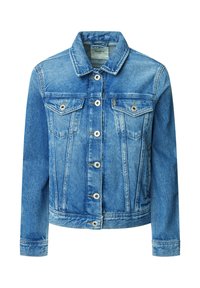 Denim jacket in light blue with a classic cut, button front, two chest pockets, and a collar. Features contrasting seams and metal buttons.