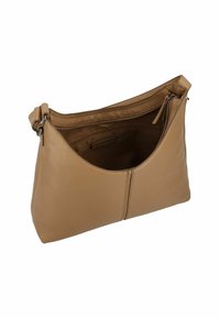 Braune Lederhandtasche mit einer weichen, strukturierten Oberfläche. Verfügt über einen Reißverschluss und eine lässige Form, mit einem offenen Innenraum für einfachen Zugriff.