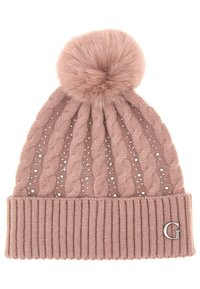 Gorro de punto rosa claro con un diseño de trenzas, banda inferior texturizada con canalé, un pompón esponjoso en la parte superior y un acento de logo "G"plateado.