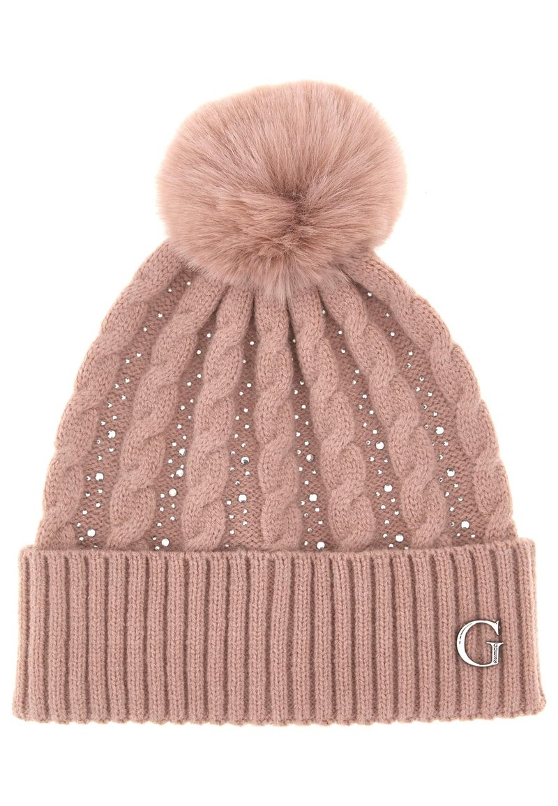 Gorro de punto rosa claro con un diseño de trenzas, banda inferior texturizada con canalé, un pompón esponjoso en la parte superior y un acento de logo "G"plateado.