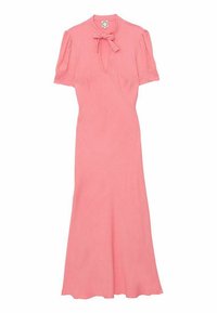 Robe rose avec un nœud au niveau du col, manches courtes bouffantes, et une silhouette flatteuse qui s'étend jusqu'à un ourlet évasé. Matière douce.