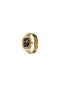 Gouden horloge met een octagonaal kast, zwarte wijzerplaat, gouden wijzers en een band van schakels. Geïntegreerd met een datuminvoer en textuuraccenten op de kast.
