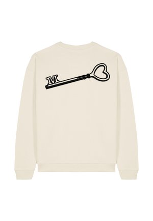 Cremfarbener Sweatshirt mit einem gestickten schwarzen herzförmigen Schlüssel-Design und dem Buchstaben "M" auf dem Rücken. Weiches Material und gerippte Bündchen.