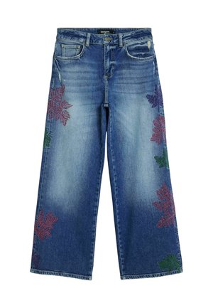 Light blue denim wide-leg jeans featuring multicolored leaf embroidery in red, green, and purple on the side. Standard five-pocket design.