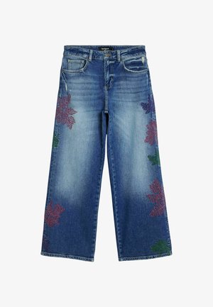 Jeans in denim azzurro chiaro a gamba larga, caratterizzati da ricami di foglie multicolori in rosso, verde e viola sui lati. Design classico a cinque tasche.
