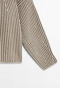 Knit cardigan featuring vertical beige and brown stripes, textured fabric, long sleeves, and a relaxed fit with ribbed cuffs.
