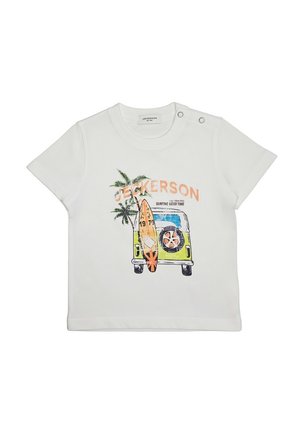 Maglietta bianca per bambino piccolo con una grafica colorata raffigurante un furgoncino verde, una tavola da surf, palme e la scritta "JECKERSON Surfing Good Time."