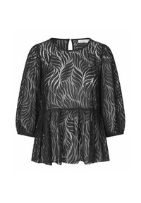 Sort blonde top med et bladmønster, rund halsudskæring og pufærmer. Designet med en peplum-talje og en nøglehulldetalje bagpå.