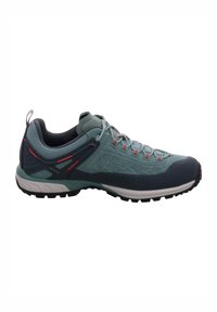 Lightweight, teal hiking shoe with a textured mesh upper, reinforced toe, red accents, and a rugged black outsole for traction.