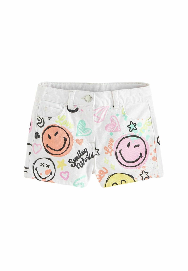 Short en jean blanc avec des visages souriants colorés, des cœurs, des étoiles et le texte « Smiley World » imprimés sous forme de motifs ludiques.