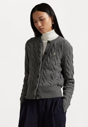 Gray cable-knit cardigan with a round neckline, button closure, and ribbed cuffs. Features a small logo detail on the left chest.