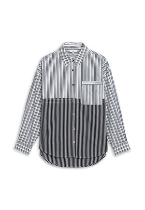 Camicia a maniche lunghe con bottoni, a righe verticali nere e bianche, design a blocchi di colore, tasca frontale e bottoni multicolori.