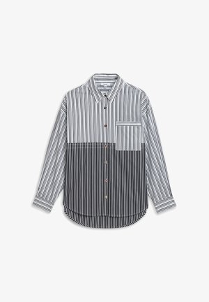 Camicia a maniche lunghe con bottoni, a righe verticali nere e bianche, design a blocchi di colore, tasca frontale e bottoni multicolori.