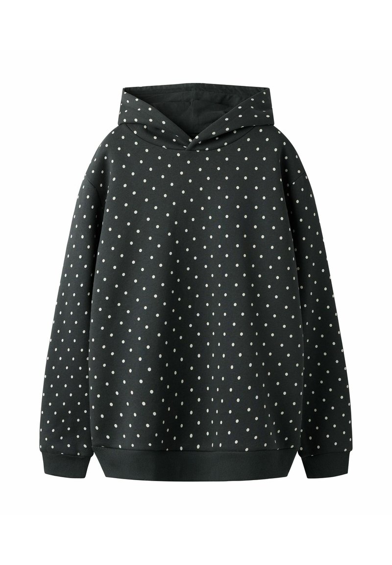 Svart hettegenser med hvite polkaprikker, lange ermer, ribbede mansjetter og hette, vist på hvit bakgrunn.