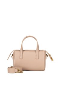 Borsa in pelle di un beige chiaro con forma strutturata, doppi manici corti e tracolla rimovibile. Presenta hardware e zip in tono oro.