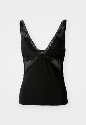 Zwarte tanktop met V-hals ontwerp, bloemige kanten details en gaasaccenten op de schouders. Glad stof met een slanke pasvorm.