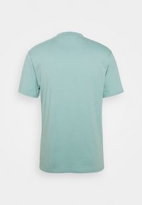 T-shirt in cotone di un leggero colore teal con maniche corte, scollatura rotonda e un design posteriore semplice e senza decorazioni. Texture morbida e vestibilità comoda.