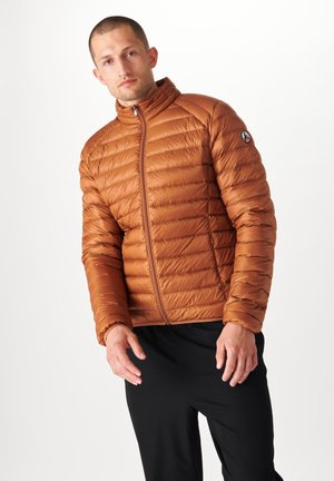 Chaqueta de plumas marrón con diseño acolchado, cuello alto y cierre con cremallera por delante. Presenta un parche con el logo en la manga y una superficie suave y brillante.