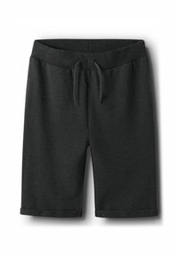 Pantaloni scurți gri închis până la genunchi, cu talie elastică și șnur, cu buzunare laterale și tivuri ușor rulate.