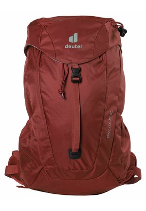Roter Nylon-Rucksack mit strukturierter Oberfläche, Kordelzugverschluss, verstellbaren Trägern und dem Markennamen "Deuter" auf der Vorderseite.