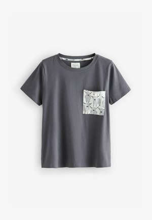Gray cotton t-shirt with short sleeves, featuring a white pocket with black animal print accents and a crew neckline.