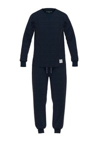 Conjunto de loungewear azul marino hecho de tejido texturizado; cuenta con una parte superior de manga larga con escote en V y pantalones jogger elásticos a juego.