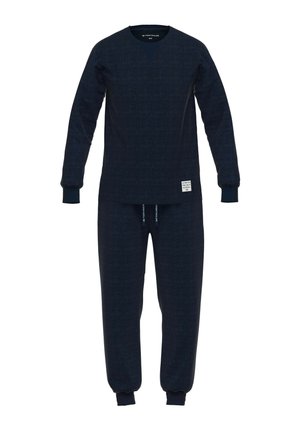 Navy blauwe loungewear set gemaakt van textuurstof; met een lange mouwen top met een V-hals en bijpassende elastische joggingbroek.