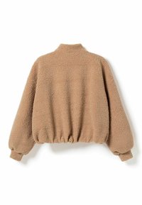 Μπεζ cropped fleece μπουφάν με μακριά μανίκια, ελαστικές μανσέτες και τελείωμα, που φαίνεται από πίσω σε λευκό φόντο.