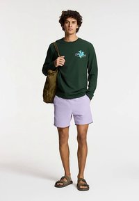 Zelená tričko s dlhými rukávmi s grafickou potlačou, svetlofialové šortky a hnedé sandále. Modelka drží béžovú tašku. Jednoduchý, neformálny outfit.