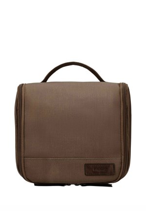 Brown rectangular toiletry bag with zipper closure and top handle against a white background.