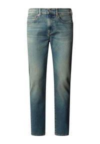 Lyseblå denimjeans med rette ben, som har fem lommer, knappelukking og subtile blekede detaljer på stoffet.