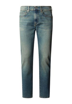 Svetlo modre kavbojke iz jeansa z ravnimi hlačnicami, ki imajo pet žepov, zapenjanje na gumbe in nežne posivljene detajle na tkanini.