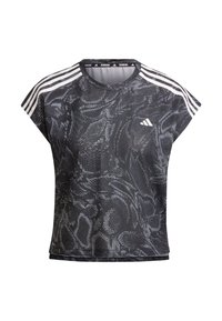 Černé a šedé lehké sportovní tričko s hadím vzorem, kulatým výstřihem a třemi bílými pruhy na ramenou.