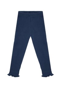 Granatowe prążkowane legginsy z elastycznym pasem i rozszerzanym dołem, wykonane z miękkiej, teksturowanej tkaniny, odpowiednie na co dzień.