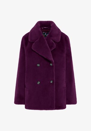 Purple faux fur coat with a wide lapel, double-breasted button closure, and two front pockets. Soft texture and smooth finish.