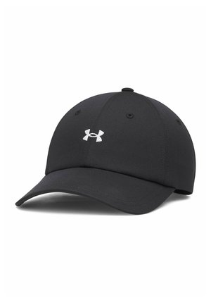Black baseball cap with curved brim and white Under Armour logo centered on front panel against white background.