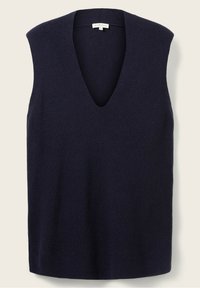 Veste sans manches en maille bleu marine avec un décolleté en V profond, taille moyenne, tissu texturé et étiquette cousue à l'intérieur du col.