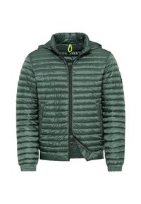 Green puffer jacket with a zip closure, hood, and elastic cuffs. Features a textured, quilted pattern and a contrasting inner lining.