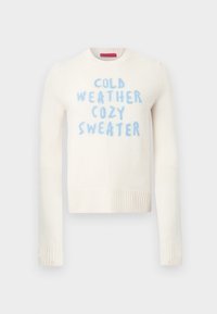 Kreemvalge kampsun soonikkoes varrukate otste ja äärega, sinise tekstiga: "KÜLM ILM SOE KAMPSUN." Pehme tekstuur, ümarguse kaelusega disain.