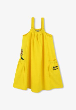 Gele katoenen jurk met brede schouderbanden, geplooide bodice, twee zijzakken, geborduurde zonnebloemdetail en "Kenzo Paris" tekstaccent.