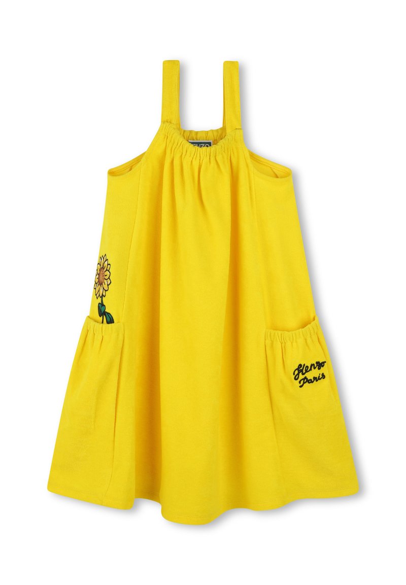 Gele katoenen jurk met brede schouderbanden, geplooide bodice, twee zijzakken, geborduurde zonnebloemdetail en "Kenzo Paris" tekstaccent.