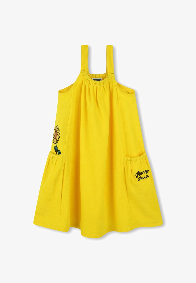 Gele katoenen jurk met brede schouderbanden, geplooide bodice, twee zijzakken, geborduurde zonnebloemdetail en "Kenzo Paris" tekstaccent.