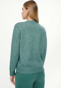 Groene gebreide trui met een ontspannen pasvorm, rond de hals en ribgebreide manchetten, gecombineerd met bijpassende broek, die een zachte textuur en casual ontwerp laten zien.