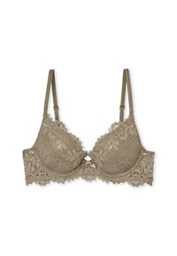 Reggiseno in pizzo beige con bordo scallop, coppe imbottite e dettagli con fiocco centrale. Spalline regolabili e texture liscia.