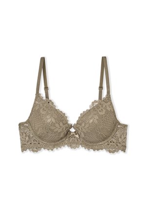 Lace bra in beige with a scalloped edge, padded cups, and a center bow detail. Adjustable straps and a smooth texture.