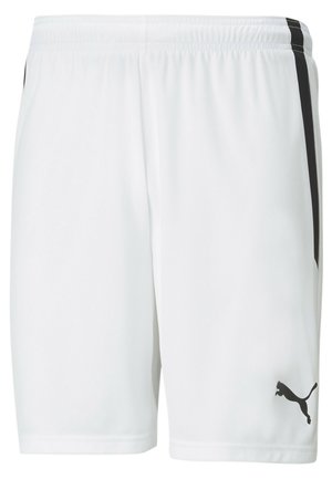 Witte sportshorts met elastische taille en zwart Puma-logo op het linkerbeen, met zwarte verticale strepen aan de zijkanten.