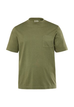 Olijfgroene katoenen T-shirt met korte mouwen, ronde hals en een borstzak. Zachte textuur en een losse pasvorm. Geen patronen of accenten.