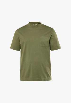 T-shirt en coton vert olive à manches courtes, col rond et poche poitrine. Texture douce et coupe décontractée. Pas de motifs ni d'accents.