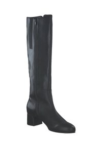 Black leather knee-high boot with a block heel, featuring a side zipper and a smooth texture, designed for a fitted silhouette.