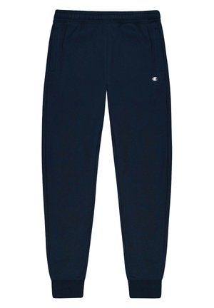 Pantalones de chándal de color navy hechos de un material suave, con una cintura elástica, bolsillos laterales y puños en los tobillos, con un pequeño logotipo en el muslo izquierdo.